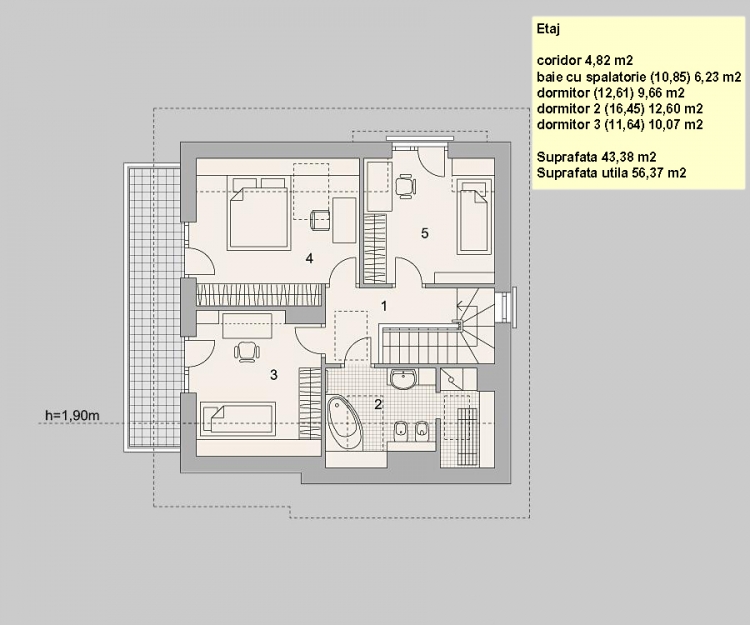 plan etaj casa 95 m2